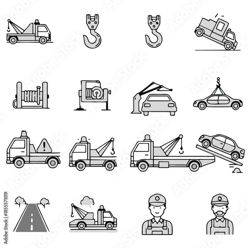 Collection of black and white line art icons depicting various tow trucks, towing mechanisms, and roadside service personnel