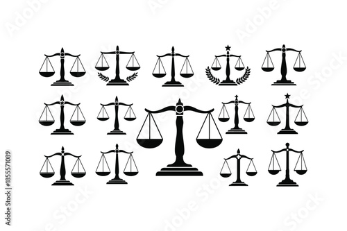 Justice Scales Vector Icon Set Symbols of Law, Legal System, and Balance for Professional Design