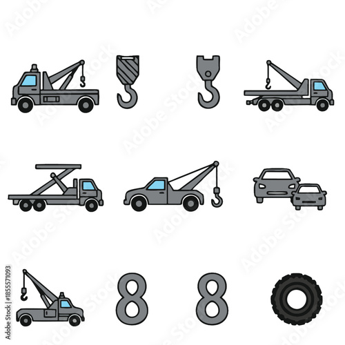 Variety of flat design icons depicting different types of tow trucks, hooks, cars, the number eight, and a tire, isolated on a white background