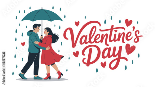 Romantic Stroll in the Rain on Valentine's Day: A couple, intertwined under an umbrella amidst a gentle rainfall, shares a moment of affection and romance on Valentine's Day.