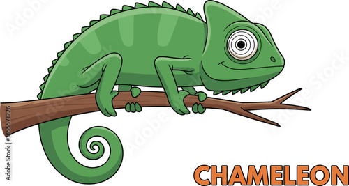  Cute green chameleon cartoon illustration perched on tree branch, colorful reptile animal character drawing, isolated vector design for kids education and wildlife content