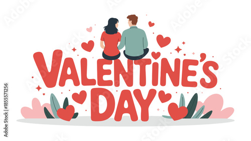 Valentine's Day Illustration: a couple celebrating valentine's day, filled with hearts, representing love, care, and intimacy. 