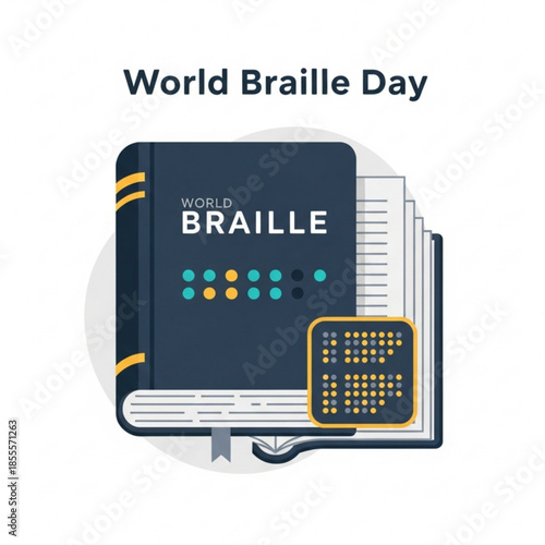 World Braille Day illustration book with Braille text and tactile dots concept for accessibility and education vector graphic on white backgrou