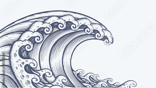 Fantasy seascape with a large wave crashing, vector illustration in a flat style, ocean