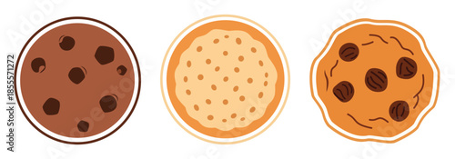 Set of three delicious cookies including chocolate chip and oatmeal flat vector illustration for bakery menus dessert recipes and sweet snack branding