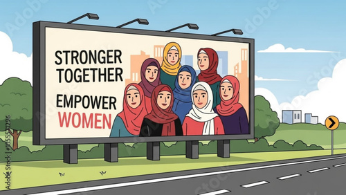 Diverse group of women in hijabs standing together Stronger Together Empower Women message on billboard concept of unity and female empowerment