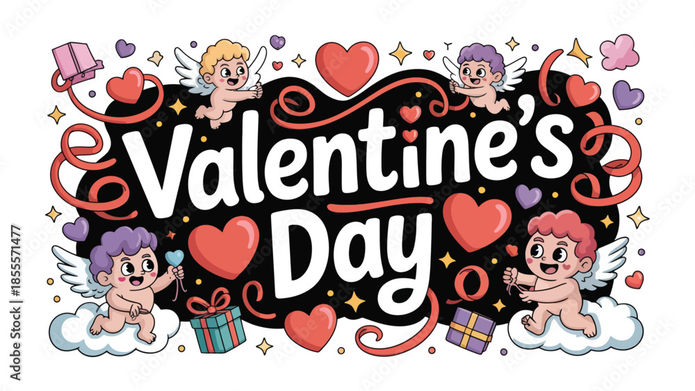 Fototapeta premium Valentine's Day Delight: Adorable cupids, hearts, and gifts adorn this illustration, spreading love and affection. Celebrate the joy and romance of Valentine's Day.
