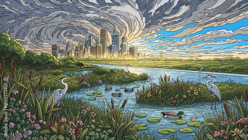 Dramatic storm clouds gather over a modern cityscape with a serene wetland and wildlife in the foreground symbolizing environmental change