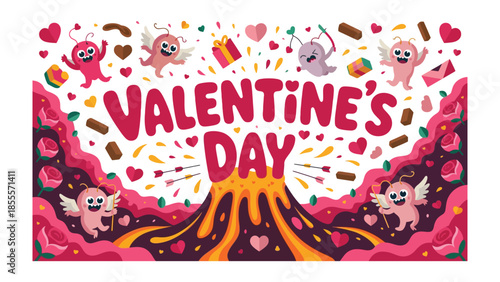 Valentine's Day Illustration: A vibrant and joyful Valentine's Day illustration featuring adorable cherubs, hearts, and celebratory elements.