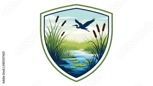 Heron bird flying over a marshland with reeds and lily pads nature conservation emblem vector illustration