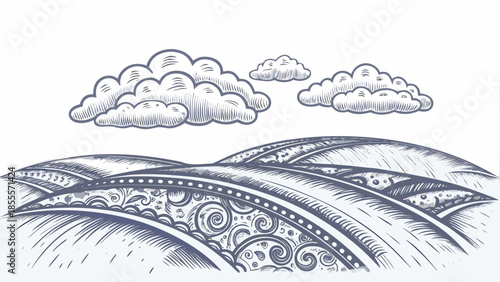 Imaginative flat vector illustration showing a surreal landscape with rolling hills