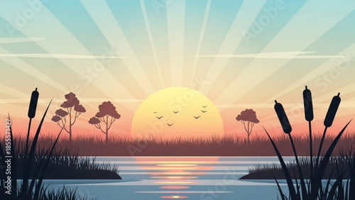 Sunrise over tranquil lake with reeds and trees serene natural landscape illustration peaceful morning concept for background