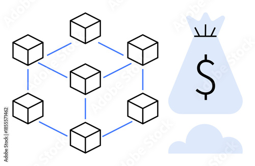 Blockchain diagram featuring interconnected cubes linked by lines alongside a money bag symbol representing digital assets. Ideal for blockchain technology, cryptocurrency, decentralized finance