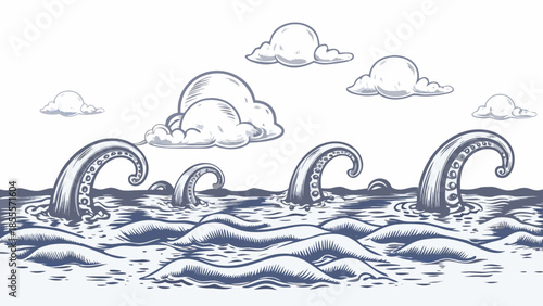 Stylized flat vector scene of an imaginary ocean with tentacle waves and clouds