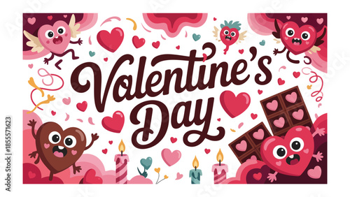 Valentine's Day Delight: A festive Valentine's Day illustration, brimming with heart-shaped figures, sweet treats, and romantic elements, sets the scene for a day of love and affection.