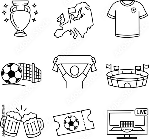 Euro football icon set consisting of trophy, map of Europe, jersey, soccer ball and goal, fan holding scarf, stadium with flags, clinking beer mugs, match ticket and live television screen