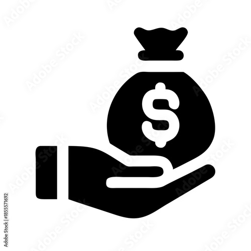 Black and white icon of a hand holding money bag with dollar sign, symbolizing finance, investment, savings, monetary gain, business, and financial support.