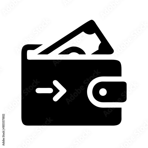 Black and white icon of wallet with banknote and left arrow for financial transaction, payment, or money transfer