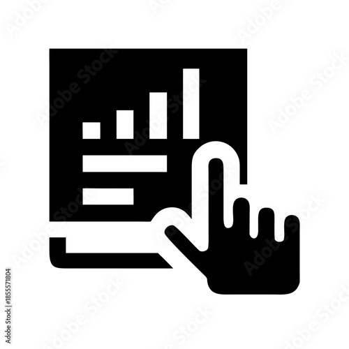 Black and white icon of hand tapping on bar chart for interactive data visualization, analytics, or digital reporting