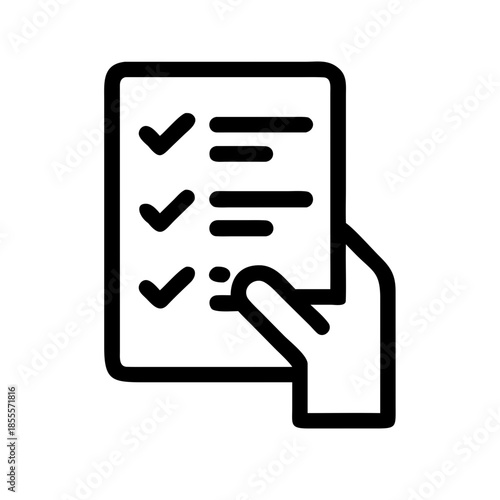 Black and white icon of a hand holding checklist with three checkmarks, symbolizing completed tasks, productivity, organization, planning, and task management.