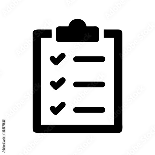 Black and white clipboard icon with three vertical checkmarks and text lines, symbolizing completed tasks, to-do lists, productivity, and organized management.