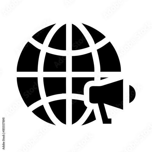 Black and white globe icon with megaphone in front, symbolizing worldwide communication, global announcements, international broadcasting, and digital marketing.
