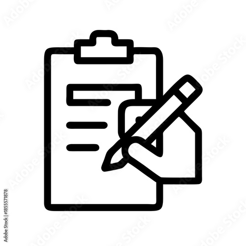 Black and white icon of clipboard with hand writing for documentation, note-taking, or form completion