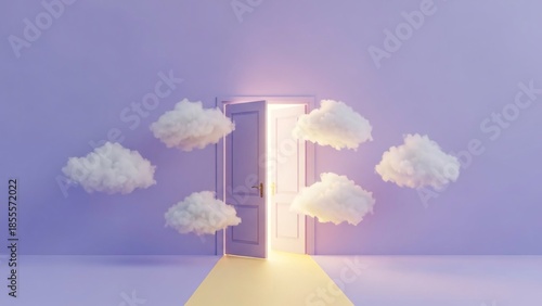Open doors in purple room with bright light and floating clouds concept of new opportunities heaven or dreams with empty space copy
