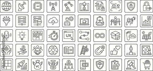 Collection of diverse line art technology and business development icons arranged in a neat grid format for modern interface design needs