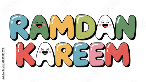 Ramadan Kareem: A vibrant illustration celebrating Ramadan Kareem, designed with joyful typography and animated characters, conveying the spirit of the holy month.