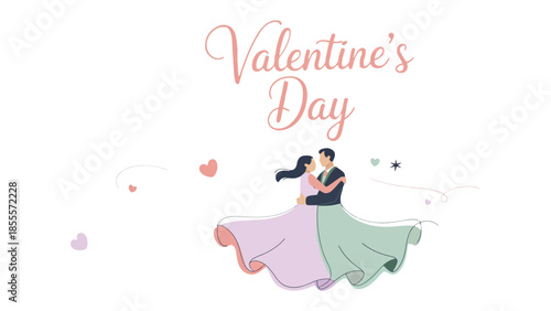 Romantic Valentine's Day Illustration: A tender embrace of loving couple celebrating the most romantic day, Valentine's day, filled with love and affection, hearts dancing in the background.