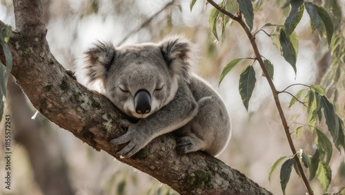 Koala resting in eucalyptus tree, Australian wildlife, adorable marsupial, nature scene, peaceful moment.