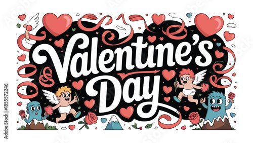 Valentine's Day Illustration: A colorful Valentine's Day illustration with hearts, cherubs, and whimsical designs. Capturing the spirit of love and celebration.