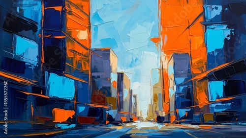 impressionistic cityscape with thick paint strokes, towering buildings in blue orange and light sky colors, urban abstract art, vibrant city scene perspective
