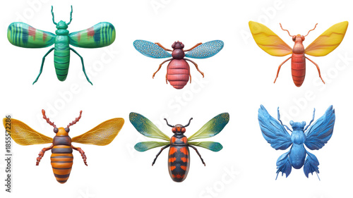 Colorful clay insects handmade art concept featuring vibrant miniature bugs crafted from modeling clay isolated on white background