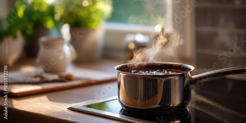 Steaming stainless steel pot of chocolate on stovetop in sunlit kitchen, cozy morning