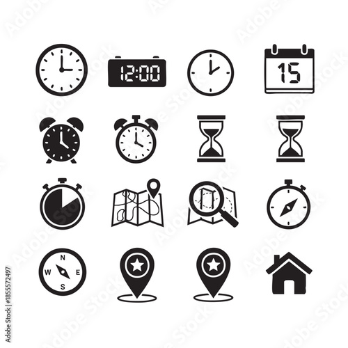 Timekeeping tools icons set isolated on transparent background
