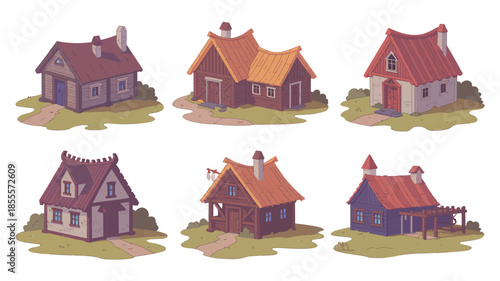 Collection of six whimsical storybook cottages with colorful roofs