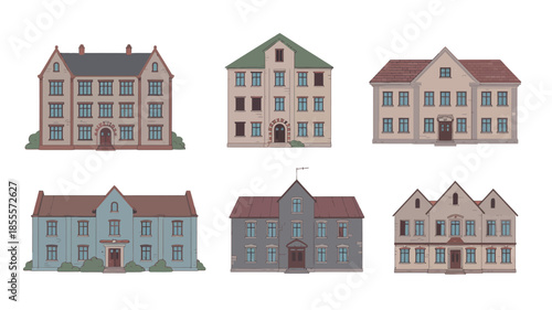 Cartoon illustration of vintage old town houses in Warsaw with colorful roofs and windows on a quiet street