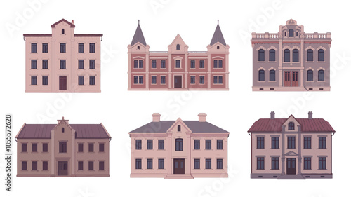 Collection of six vintage architectural building illustrations in a grid