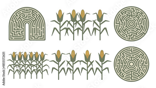 Corn mazes and corn stalks illustration set for autumn harvest fun