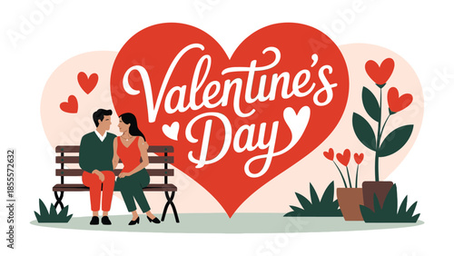 A Moment of Love: A romantic scene for Valentine's Day where a couple sits on a park bench under a large heart, and small hearts hover in the air. This picture captures the essence of romance.