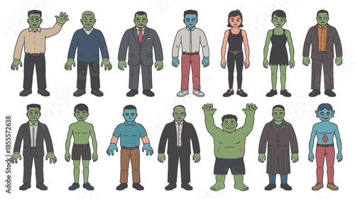 Collection of diverse cartoon zombies in various outfits and poses