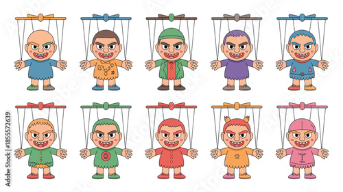Collection of ten diverse cartoon puppets with strings and colorful outfits
