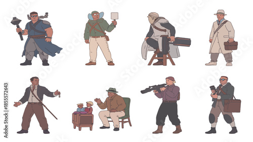 Collection of eight diverse steampunk characters in vintage attire and accessories