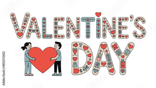 Valentine's Day Greeting: Two figures come together to celebrate love and the spirit of Valentine's Day. The illustration features a heart motif. A visual expression of tenderness, affection.