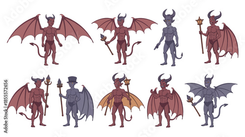Collection of stylized cartoon demons with wings and staffs