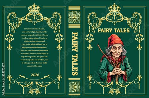 057-02-Fairy tales book cover with old woman wearing a red hat, holding sticks in an ornate frame