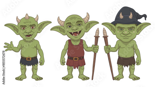 Three cartoon goblins with spears and a wizard hat