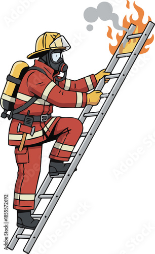 Emergency Firefighter Climbing - Brave Fireman on Ladder Rescue Mission and Heroic First Responder Action Vector